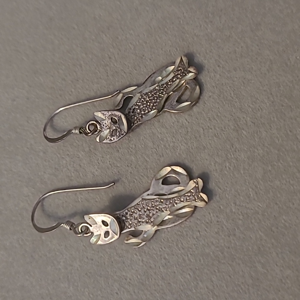 925 Sterling Silver Articulated Cat Dangle Earrings - 1970s Vintage Folk Art - Picture 3 of 12
